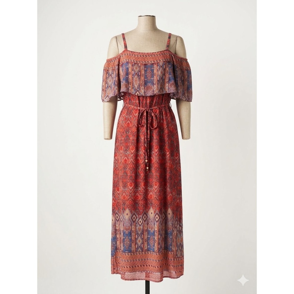 Boho Red Blue Tribal Print Cold Shoulder Maxi Dress Ruffle Neck Tie Waist XL
